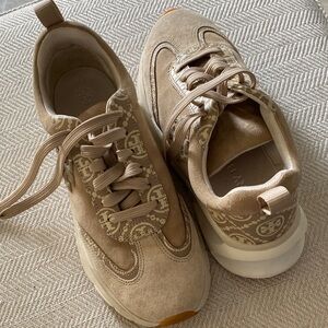 Tory Burch Taupe Suede Logo-Trim Platform Sneakers